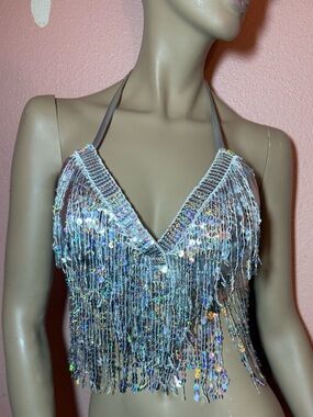Silver Sequin Fringe Halter Top Festival Rave EDC Coachella One Size
